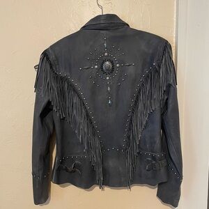 Women's Black Leather Jacket with Fringe and Studs